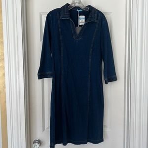 NWT J. McLaughlin Denim Cadence 3/4 Slv Split V Neck Collar Dress DK Denim Sz L
